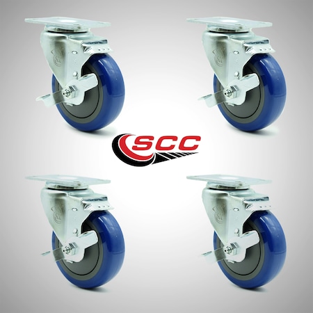 Service Caster 4 Inch SS Blue Polyurethane Swivel Top Plate Caster Set with Brake SCC SCC-SS20S414-PPUB-BLUE-TLB-4